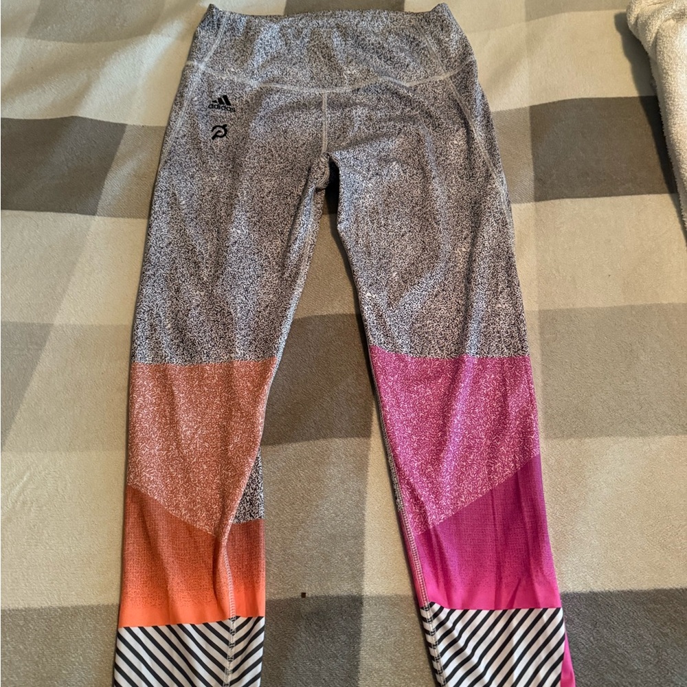 Adidas Speckled Orange and Pink Leggings collaboration with peloton